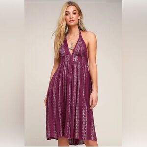 Lulus Womens Charlize Magenta Silver Striped Halter Midi Dress Medium